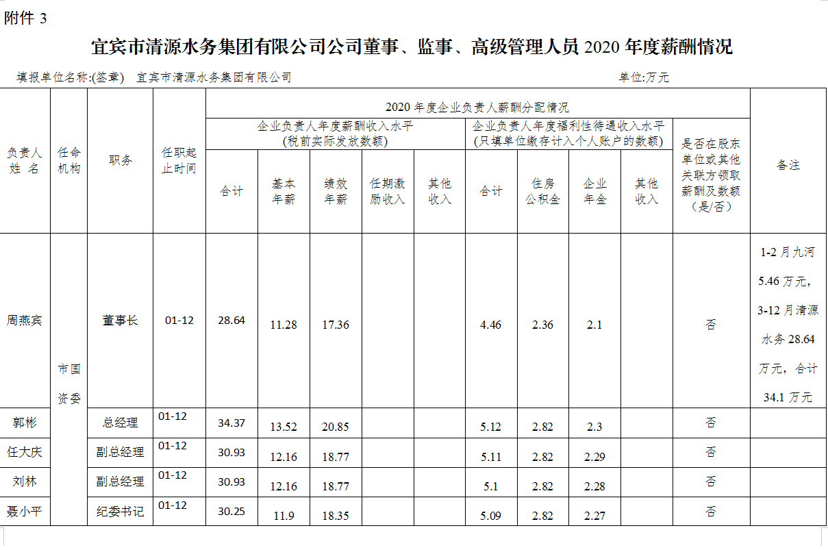 宜宾市清源水务集团有限公司公司董事、监事、高级管理人员2020年度薪酬情况