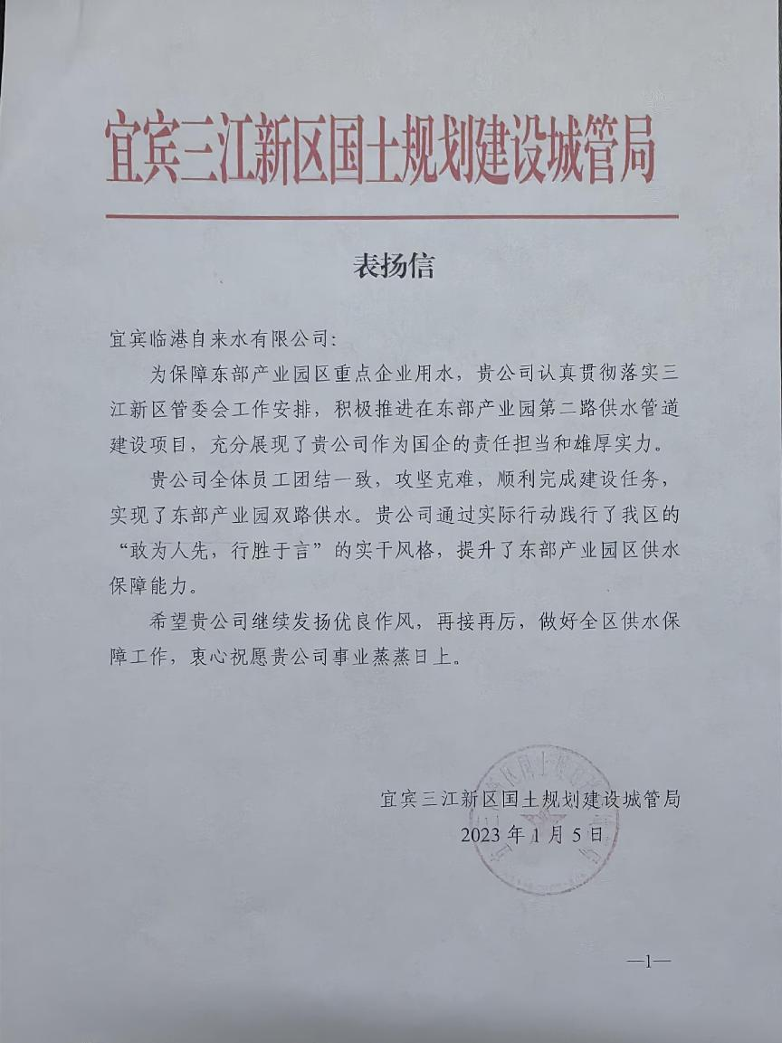 敢为人先 行胜于言 ——临港公司获三江新区国土规划建设城管局表扬信